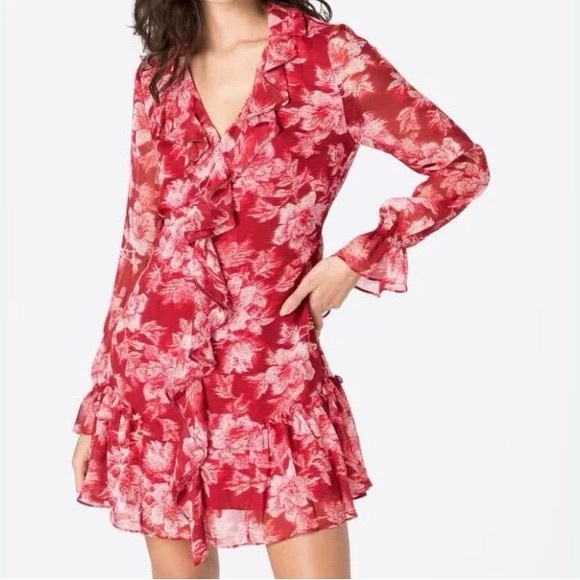 Ted Baker Linndie Ruffle Midi Dress Red Floral women's size 6 long sleeve